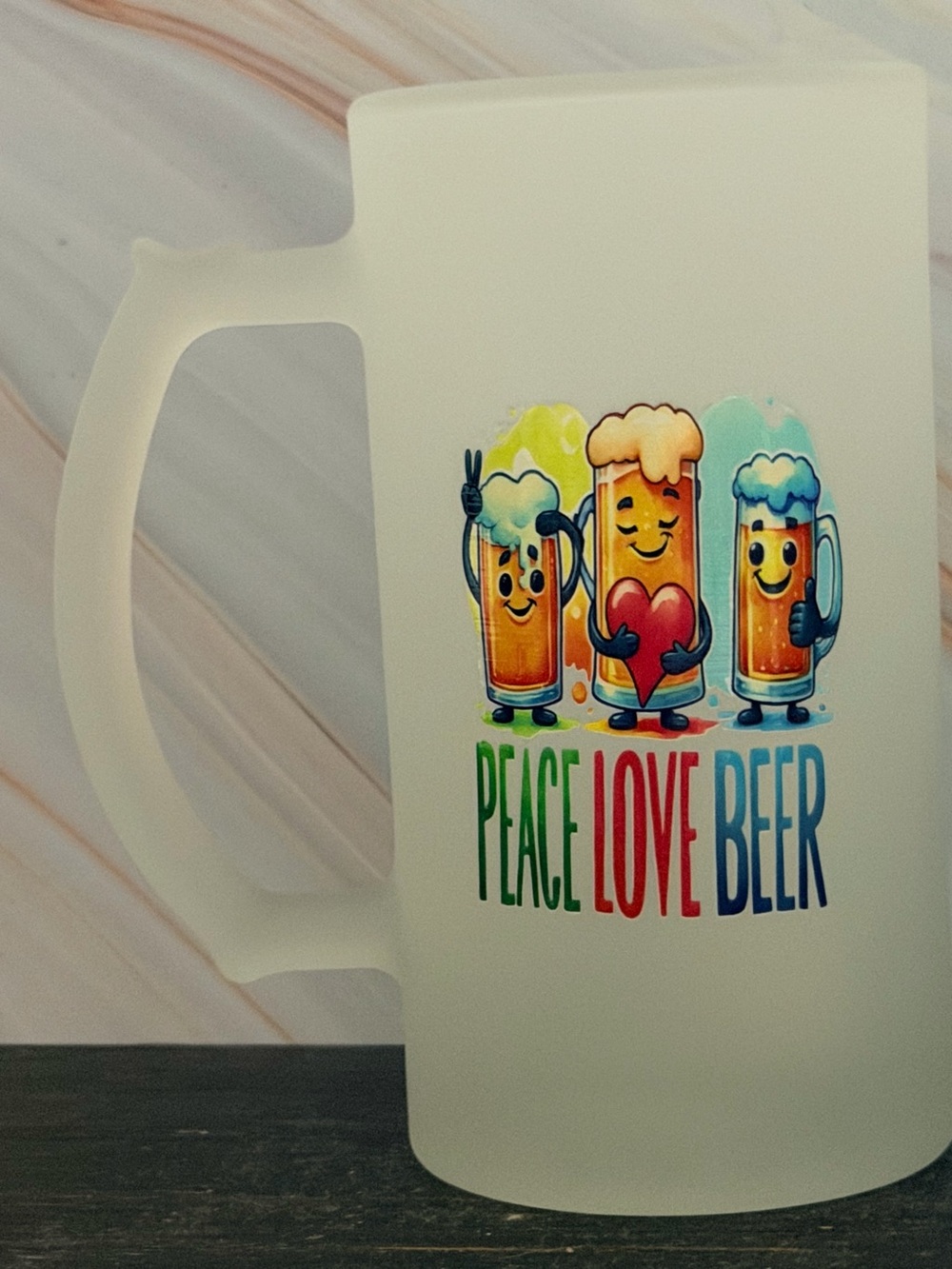 Peace Love Beer Frosted Beer Mug - Colorful Cartoon Design